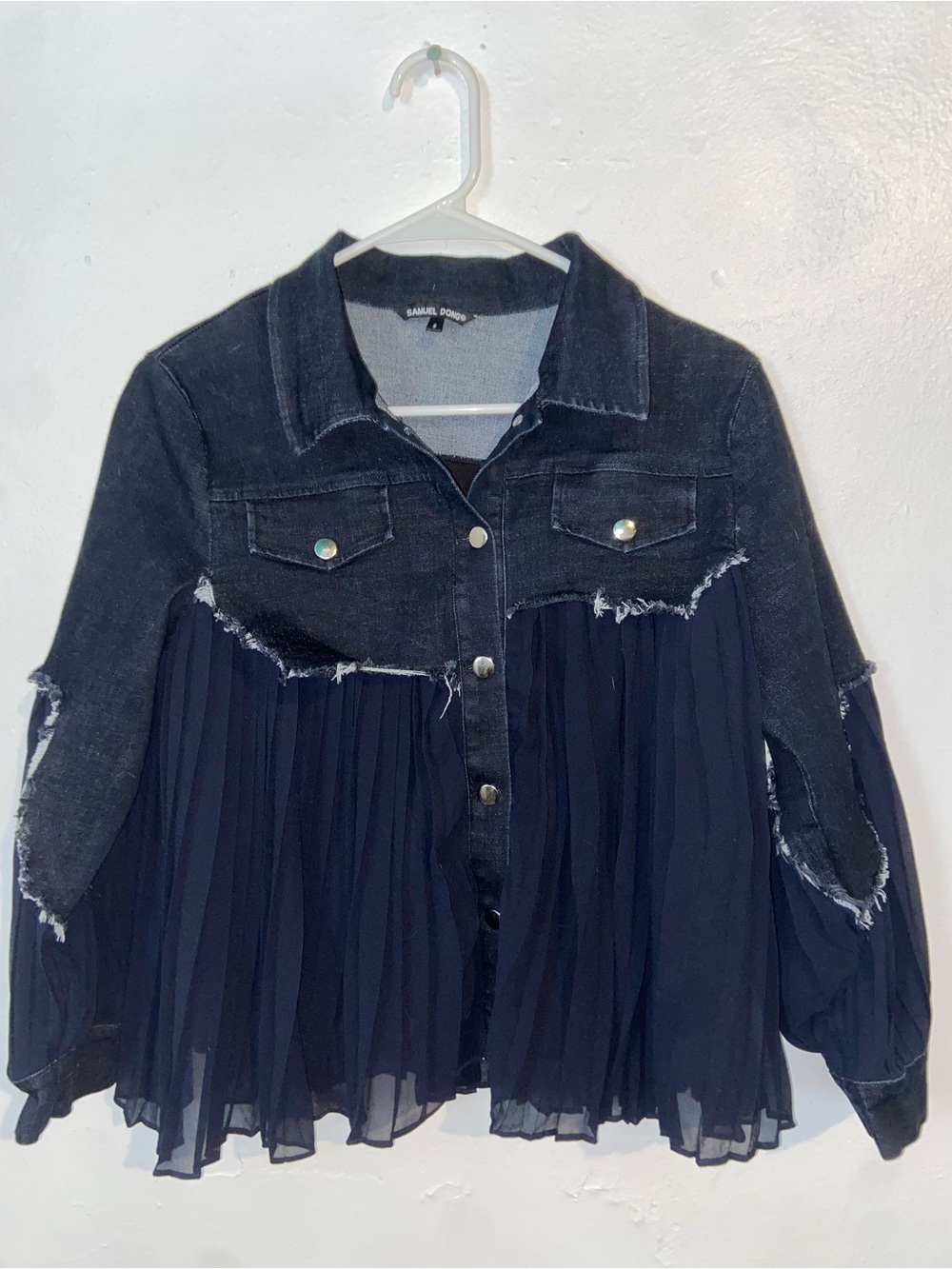 Samuel Dong Western Coastal Cowgirl Grunge Unique Denim and Navy Chiffon Jacket